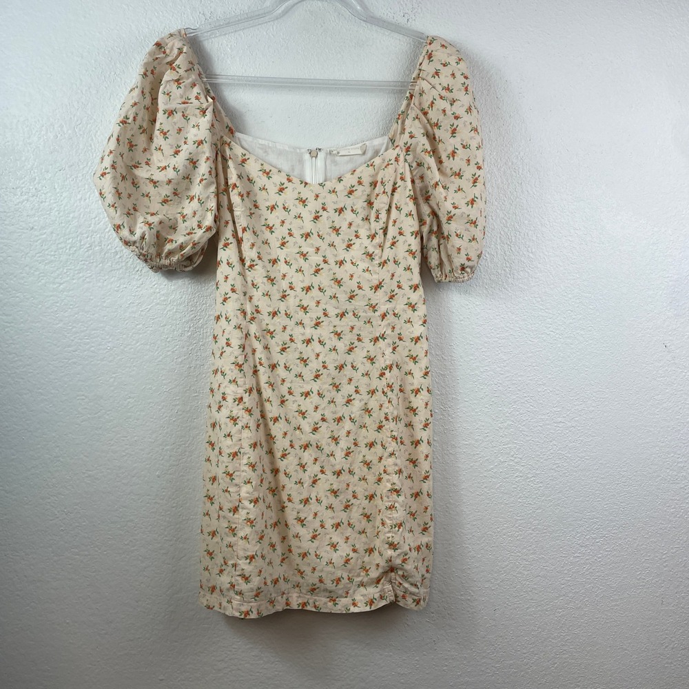 Altar'd State Floral Puff‎ Sleeve Mini Dress Cream Orange Cotton Size Medium M